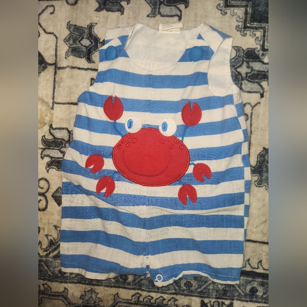 Blue and White Striped Kids One Piece with Red Crab